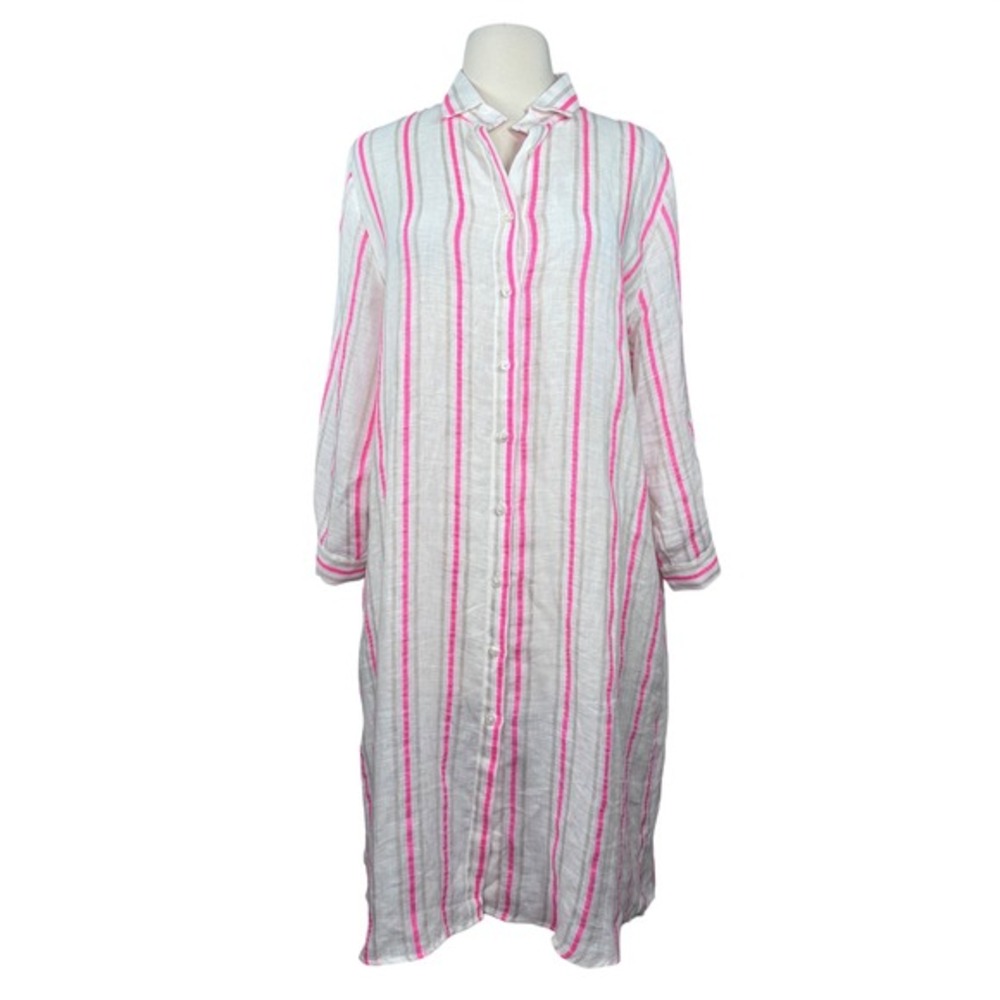 Vilagallo Women 44 Lg-XL Button Shirt‎ Dress Hot pink white linen blend resort